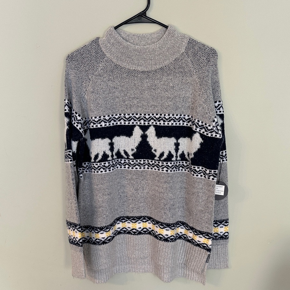 Chic Gray and Black Turtleneck Sweater with Llama Design